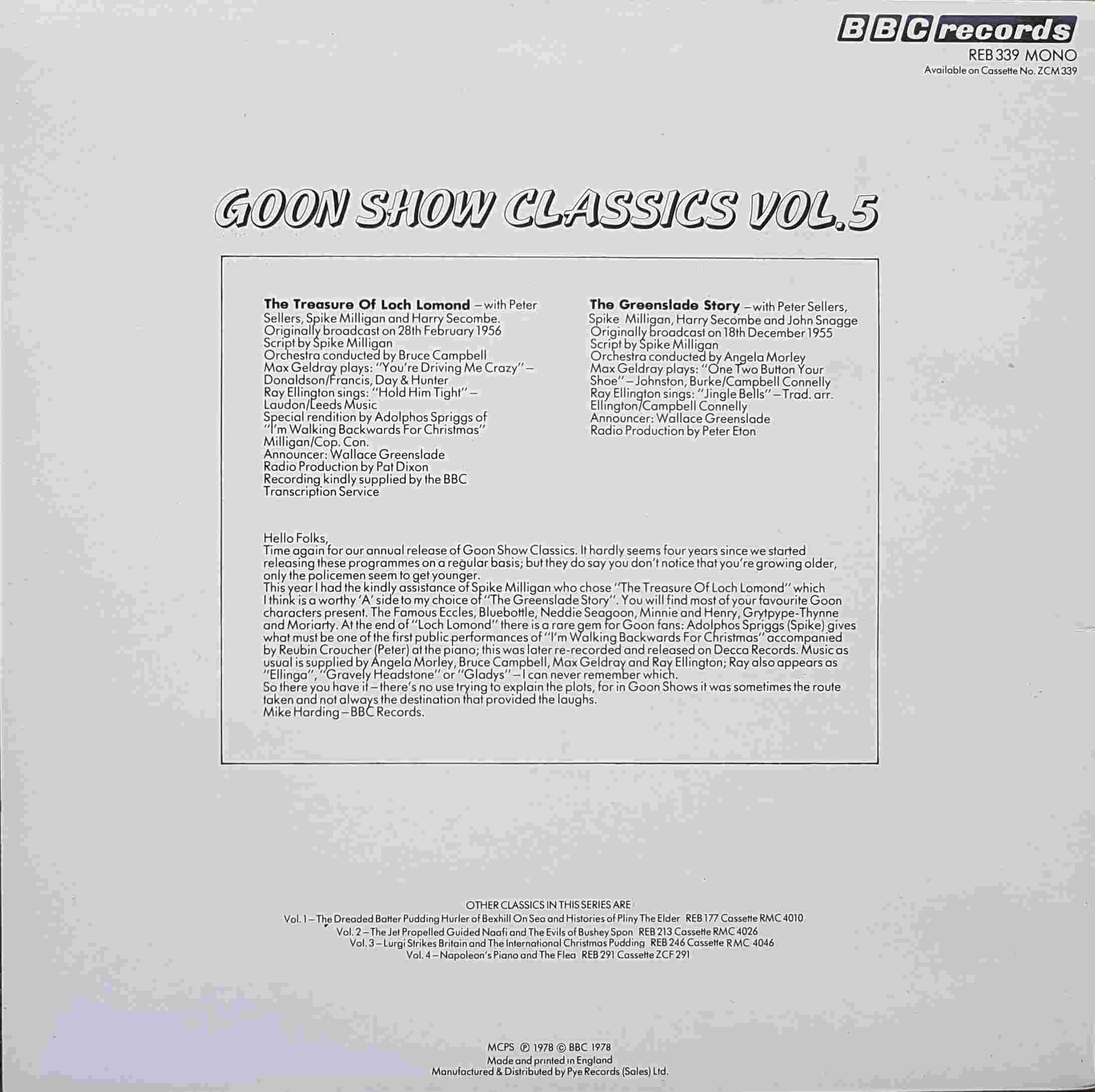 Picture of REB 339 Goon show classics - Volume 5 by artist Spike Milligan from the BBC records and Tapes library